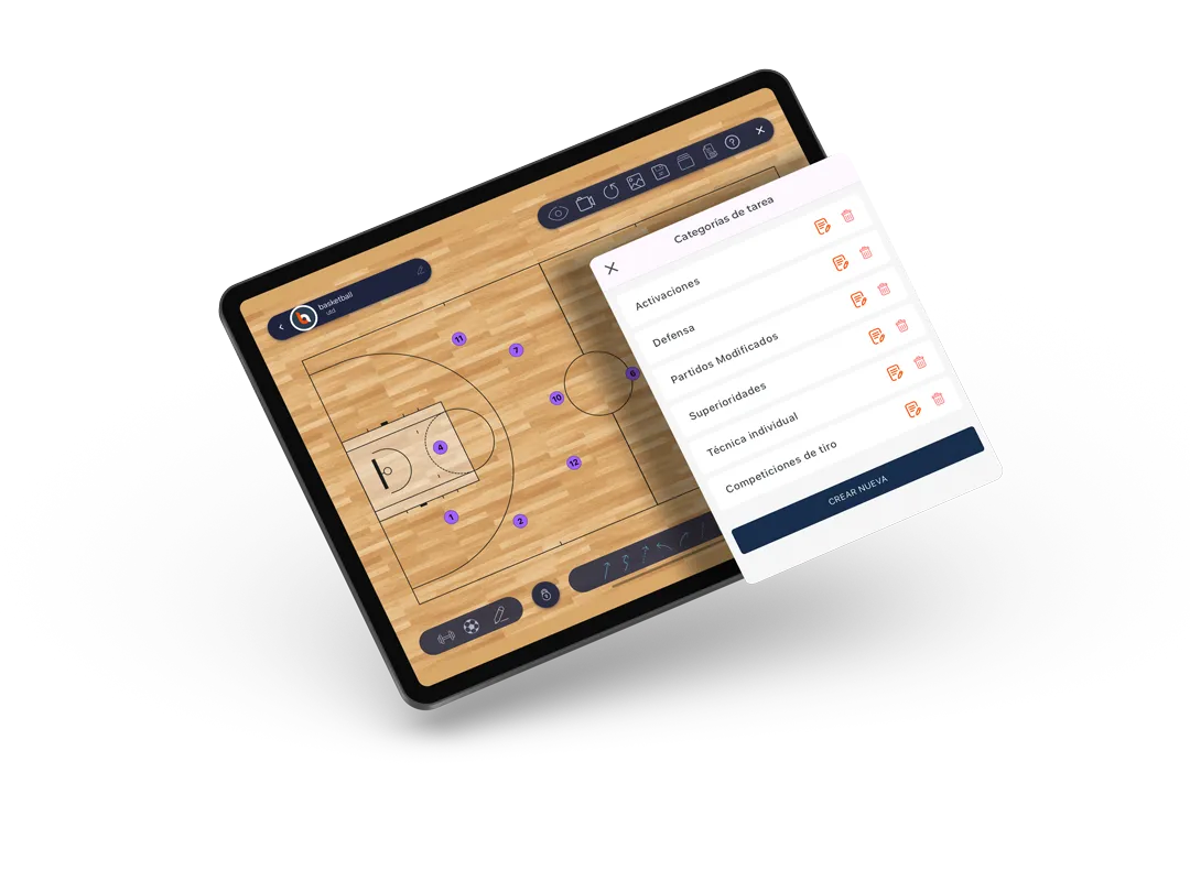 Tablet con el diseñador de tareas de bcoach y el listado de categorías de ejercicios