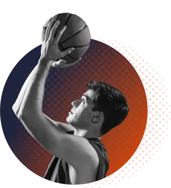 Jugador de baloncesto lanzando a canasta sobre un círculo naranja y azul